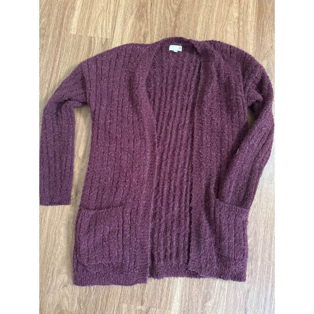 SO Womens Burgundy Fuzzy Eyelash Knit Open Front Cardigan Sweater Small‎ Pockets